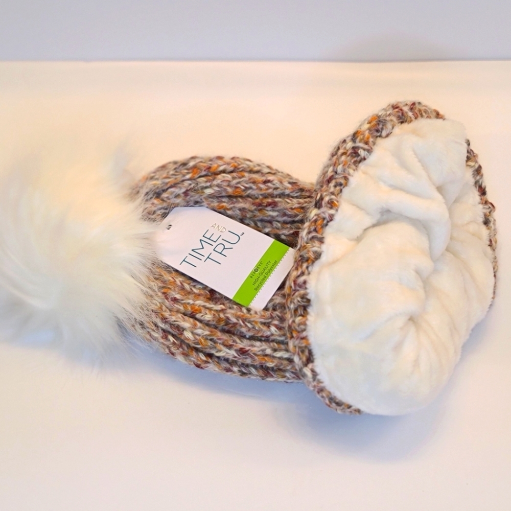 Warm Beanie Tan Mix color Nit Pom Pom Velour lined Beanie… - Picture 6 of 6